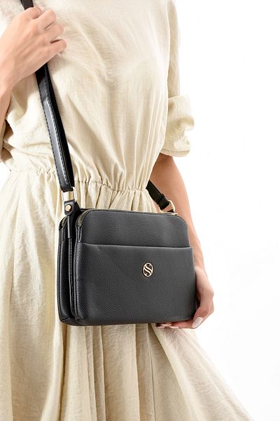 Sanmorris 1408 Women's Faux Leather Four-Compartment Metal Zipper Shoulder Bag with Adjustable Strap