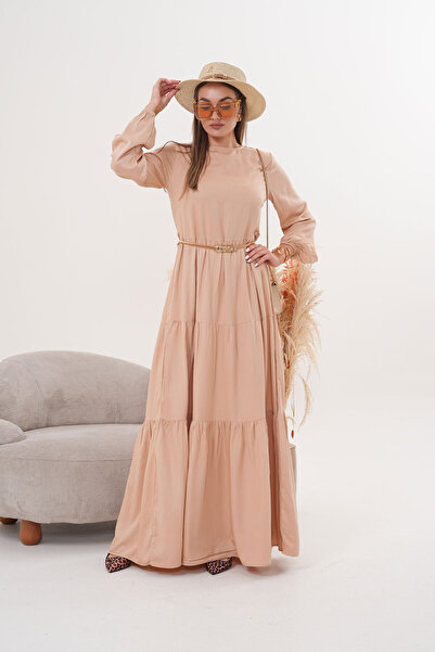 Polologin Butik Μακρύ φόρεμα με μπεζ σχέδιο και λεπτομέρεια στη ζώνη