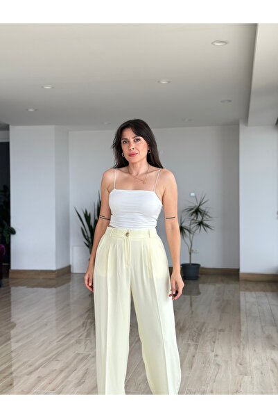 AYSEGUL SOZKESEN Tereyağ Sarısı Krep Kumaş Beli Lastikli Palazzo Pantolon