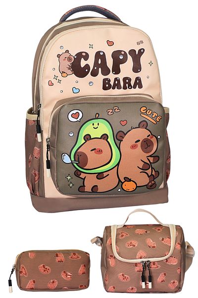 Çantaland 3-Piece Primary School Capybara Printed School Bag with Girl's Nutrition and Pen Holder