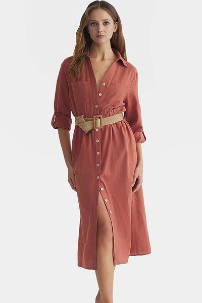 PayBuy Midi Woven Shirt Dress 100 Cotton with Belt Daily Casual Distinguished Material Quality Craftsmanship