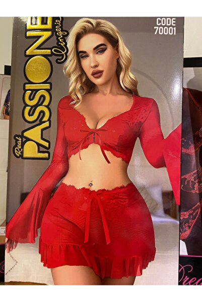 REAL PASSİONE Red Nightgown Set with Flounce Sleeves and Lace Detail, Comes with a Thong as a Gift