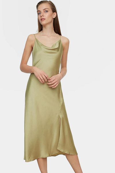 PayBuy Chic Women's Midi Evening Dress Satin Woven Plain Patterned Degaje Collar Comfortable Cut Quality Craftsmanship