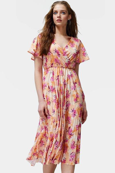 PayBuy Floral Pattern Midi Length Pleated Dress 95% Polyester Comfortable Casual Style High Quality
