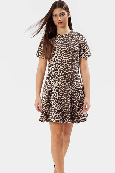PayBuy Multi Leopard Print Mini Denim Dress Ruffle Hem 100 Cotton Summer Modern Style