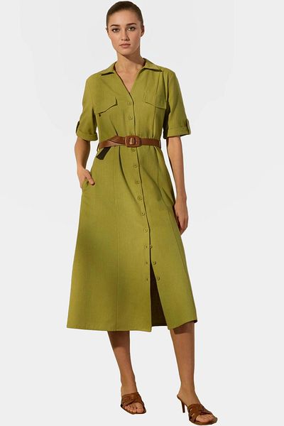 PayBuy Stylish Linen Blend Shirt Dress Midi Length Pocket Detail Belted Summer Zarifane Design