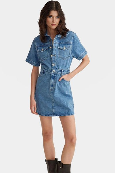 PayBuy Denim Shirt Dress Short Sleeve Midi Length 100 Cotton Casual Perfect Fit Comfortable Cutout Distinctive Material