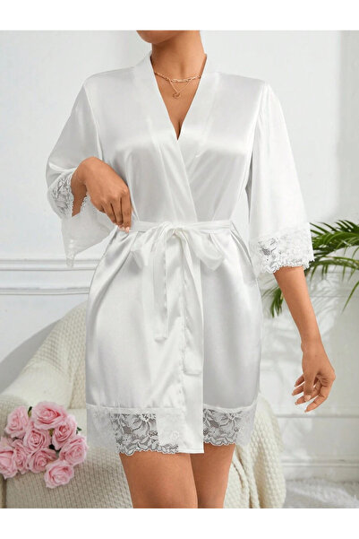 Jermo Women's Sleeve and Skirt Lace Detail Stylish and Elegant Short Satin Dressing Gown with Belt