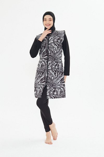 Modestia Full Covered Patterned Vest Hijab Swimsuit Set: 5 Pieces (Badi, Leggings, Scarf, Bonnet, Vest)