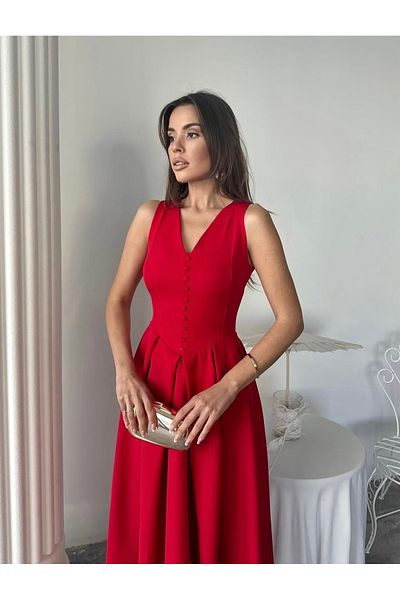 Afiş Butik Red Zero Sleeve V Neck Pleated Dress