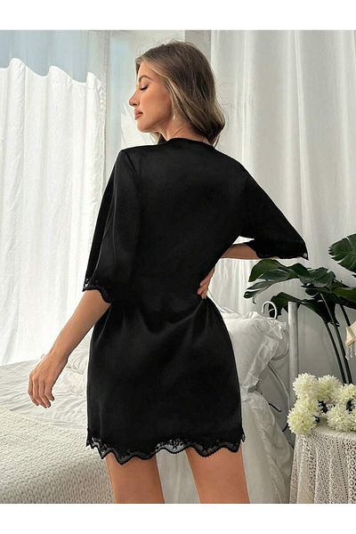 Jermo Women's Front and Sleeves Lace Detail Simple and Stylish Solid Color Short Satin Dressing Gown
