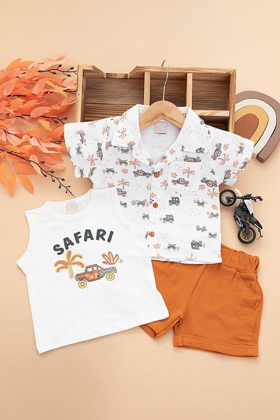 VEGAMOD Summer Baby Boy Muslin Shirt Car Printed 3-Piece 6-9-12-18-24 Months Set