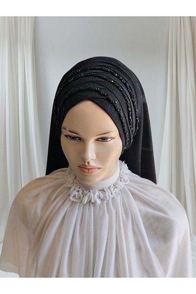 Nuray hazır duvak Rana Model Black Glitter Moon Veil 3 Rows Embroidered Ready Veil Ready Shawl Ready Turban