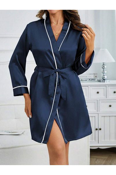 Jermo Women's Elegant and Stylish Short Satin Dressing Gown with Thin Interlayer Sleeves and Flap Details with Belt