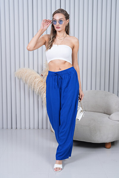 Polologin Butik Pantaloni albastru închis cu șireturi la talie și picior larg...