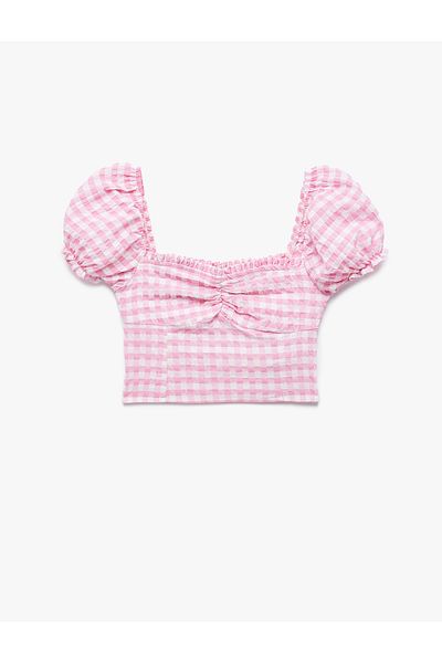 Koton New Season Balloon Sleeve Ruffled Collar Gipeli Gingham Crop Blouse