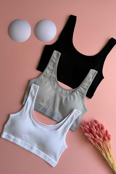 Elosia Light Trace |   Camisole 3-Piece Padded Cotton Black, White and Gray Thick Strap Women's Bra-Singlet