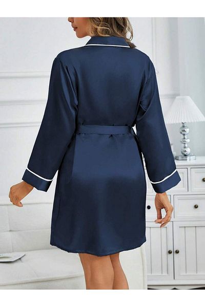 Jermo Women's Elegant and Stylish Short Satin Dressing Gown with Thin Interlayer Sleeves and Flap Details with Belt