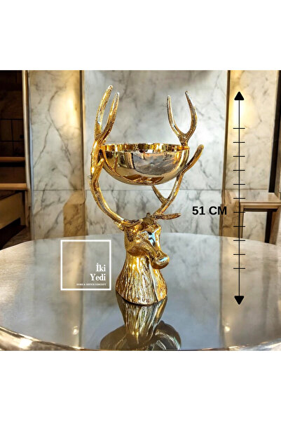77 Gavrilo Altın Geyik Figürlü 51 cm Dekoratif Sunum Kasesi Lüks Meyvelik Ev Ofis Hediyesi