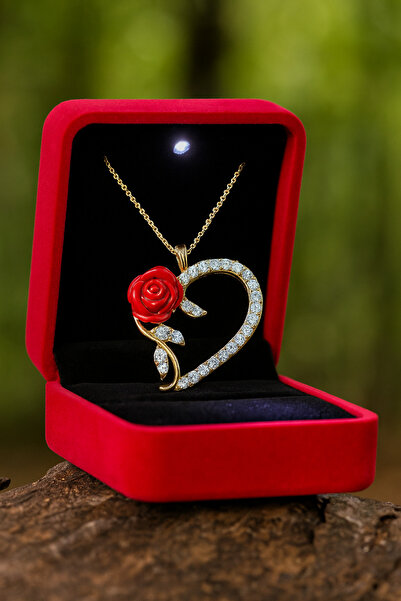 KAR DİAMOND 925 Ayar Gümüş Altın Kaplama Desenli Kalp Kırmızı Gül Kolye - Ser...