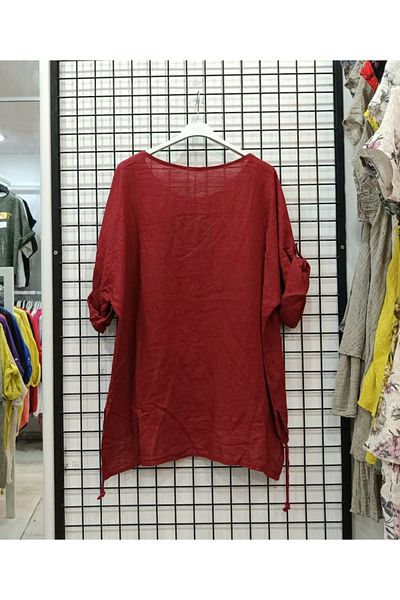 Butik Şans Patch Detailed Crew Neck Oversize Italian Linen Blouse