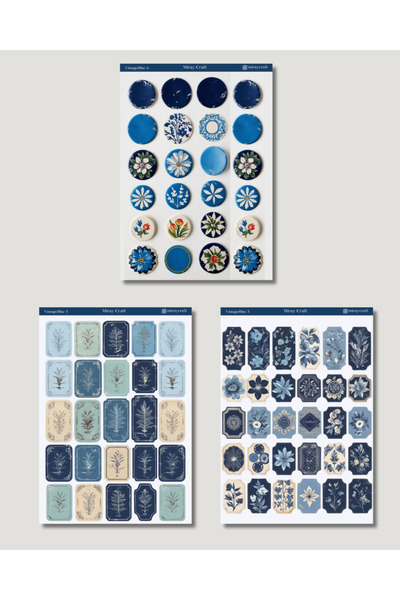 MirayDesign 6'lı Mavi Vintage Temalı Sticker Seti–12x17 cm|Bullet Journal, Scrapbook, Ajanda ve Planlayıcı İçin