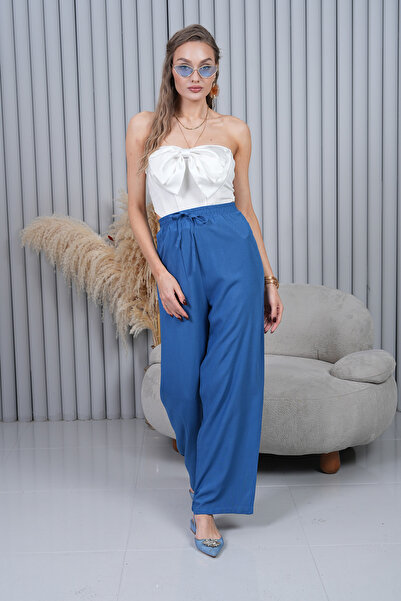 Polologin Butik Pantaloni albaștri cu șireturi în talie și picior larg talie ...