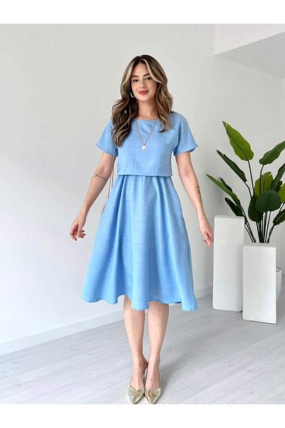 Afiş Butik Blue Pocket Viscose Stretch Midi Dress