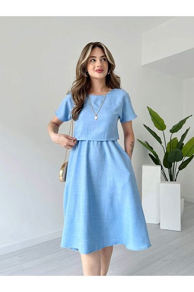 Afiş Butik Blue Pocket Viscose Stretch Midi Dress