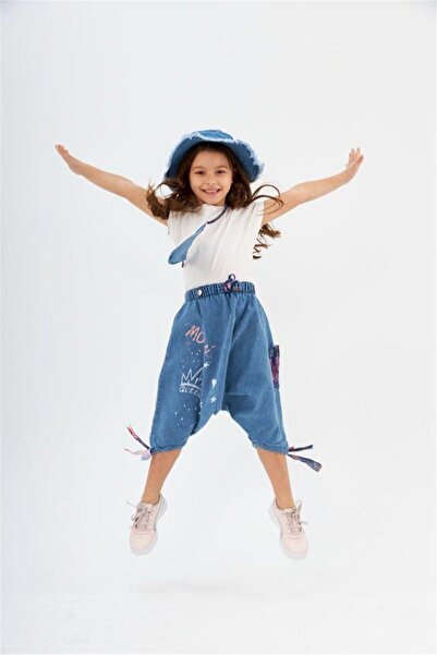 Marka Sensin Kids Girl's Solid Color T-Shirt Patterned Pocketed Denim Bag Hat Set of 4