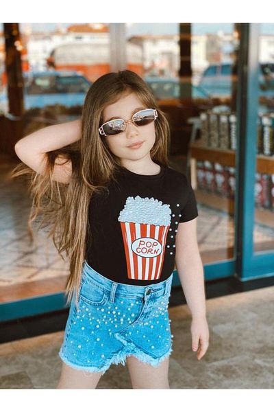 Marka Sensin Kids Girl's Pop Corn Printed Blouse Denim Skirt Double Set