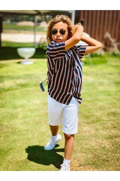 Marka Sensin Kids Boy's Navy Blue Striped Viscose Shirt Colorful Cotton T-Shirt Shorts Tracksuit Suit Ha0005