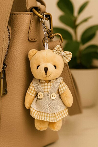 Şirin Tatlı kız – bej Ekose Elbiseli Peluş Ayıcık Anahtarlık