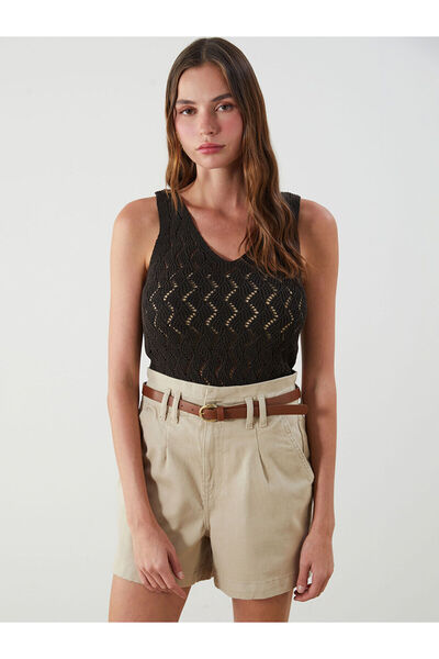 LC Waikiki Καφέ Γυναικείο Πλεκτό Τοπ με λαιμόκοψη V δαντελωτή πλέξη