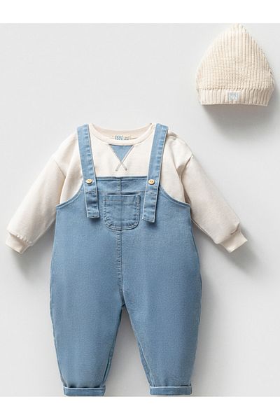 MixMax Bebe Baby Girl 3-Piece Denim Salopet Ecru Set
