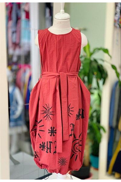 Marka Sensin Kids Girl's H'a Printed Bohemian Red Lotus Fabric Dress