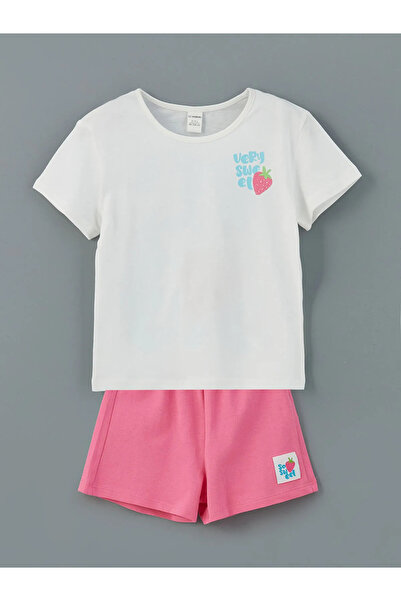 LC Waikiki White Crew Neck Baby Girl T-Shirt and Shorts 2-Piece Set