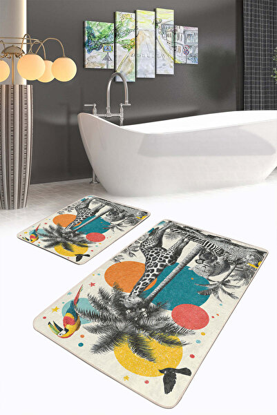 Realhomes Tropical Animals and Palm Patterned 2-Piece Non-Slip Base Washable Bath Mat Set
