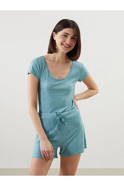 LC Waikiki Costum de pijama cu guler în U Floral pentru damă, cu pantaloni scurți