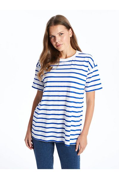 LC Waikiki Tricou oversize cu mânecă scurtă cu dungi cu gâtul turnat pentru femei