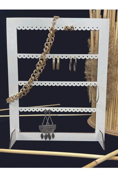 HAYALHANE AHŞAP Jewelry Earring Stand Laser Cut Wooden Stand / 4-Section Rectangular Stand