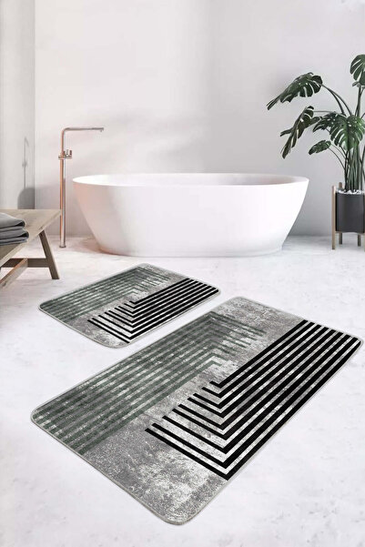 Realhomes مجموعة سجادة حمام مخططة هندسية حديثة باللون الرمادي والأسود مكونة من قطعتين وقاعدة مضادة للانزلاق وقابلة للغسل