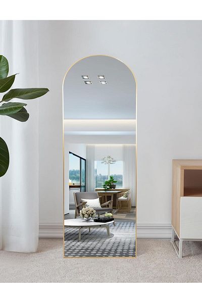 Living Rectangular Standing Mirror with Arched Top and Gold Frame,160*50 cm
