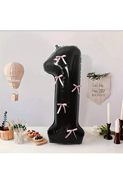 PartyPoo Pembe Fiyonklu Siyah 1 Rakamı Folyo Balon 100cm 1 Rakam Balon - Fiyo...