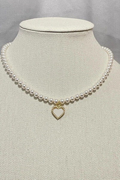 MiniMall Işıltılı Kalp Objeli Floş İp Tasarımlı Inci Kolye 40 cm