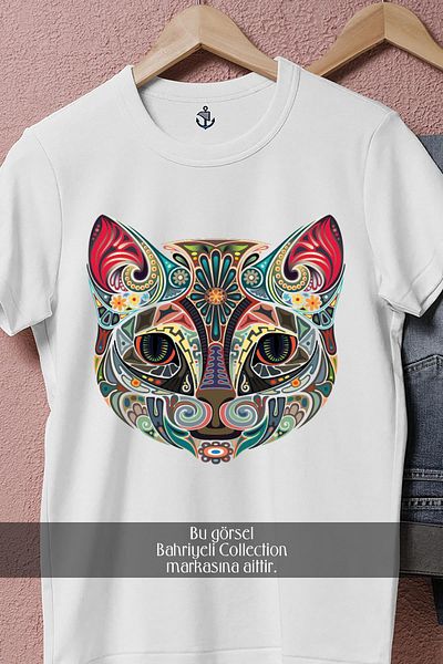 Bahriyeli Collection Oversize Vector Patterned Cat Head Design Unisex T-Shirt