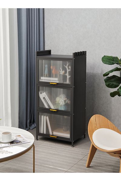 Lawazim Iron Cabinet - 3 Layer Vertical Storage Cabinet with Ribbed Doors and Side Hooks