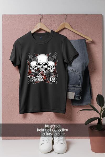 Bahriyeli Collection Oversize Three Skulls, Cruiser Motorcycle Design Unisex ...