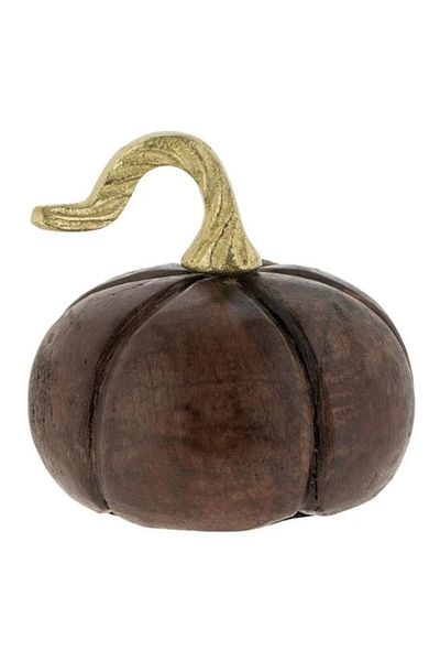 BREZIUM Decorative Wooden Pumpkin with Golden Stem, Ø11x11cm, Brown