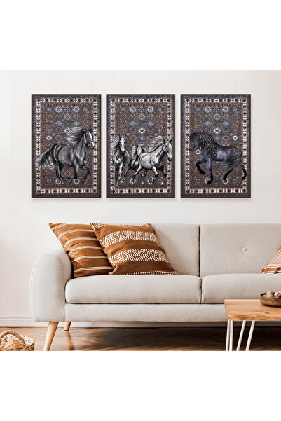 SND ثلاث لوحات قماشية بتصميم حصان مع برواز شامبين مجوف